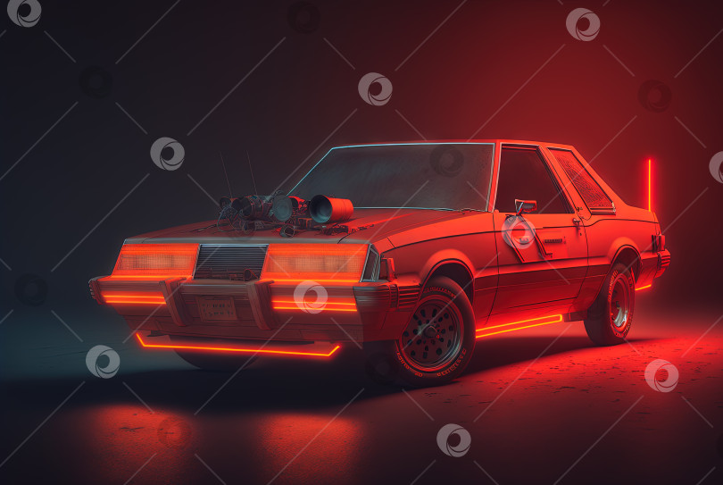 Скачать абстрактный ретро-автомобиль в стиле 80-х годов. Винтажный автомобильный дизайн в неоновых огнях. Сгенерированный искусственный интеллект. фотосток Ozero
