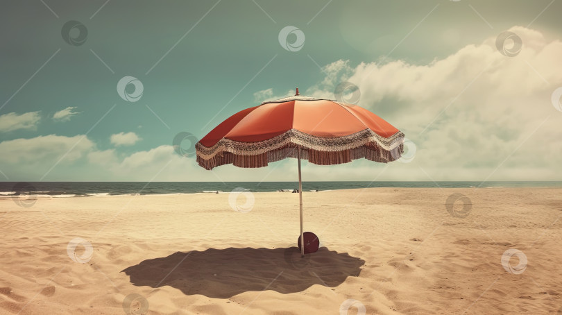 Скачать Зонтик на горячем песке пляжа. Шероховатая открытка со сценой отдыха с зонтиком на береговой линии. Генеративный искусственный интеллект. фотосток Ozero