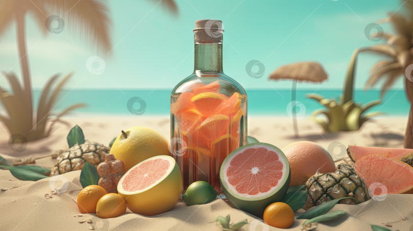 Скачать Бутылка с фруктовой водой или алкоголем на песке пляжа. Сцена отдыха с бутылкой лимонада на берегу. Генеративный искусственный интеллект. фотосток Ozero