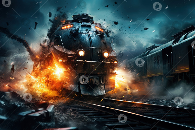 Скачать Экшн-кадр с человеком, спрыгивающим с поезда. Динамичная сцена со взрывом железнодорожного вагона в стиле боевика-блокбастера. Сгенерированный искусственный интеллект. фотосток Ozero