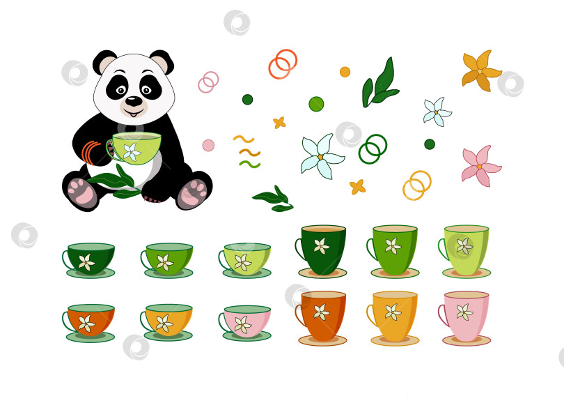 Скачать Набор для зеленого чая. Чашки, цветок жасмина, листья, панда с чаем, геометрические фигуры. Векторная иллюстрация. фотосток Ozero