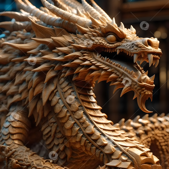 Скачать Деревянный резной дракон, детализированный, символ года 2024 по китайскому календарю. фотосток Ozero