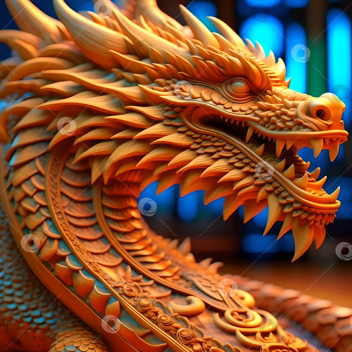 Скачать Огненный, оранжевый дракон детализированный, вырезан из дерева. Символ года. 2024. фотосток Ozero