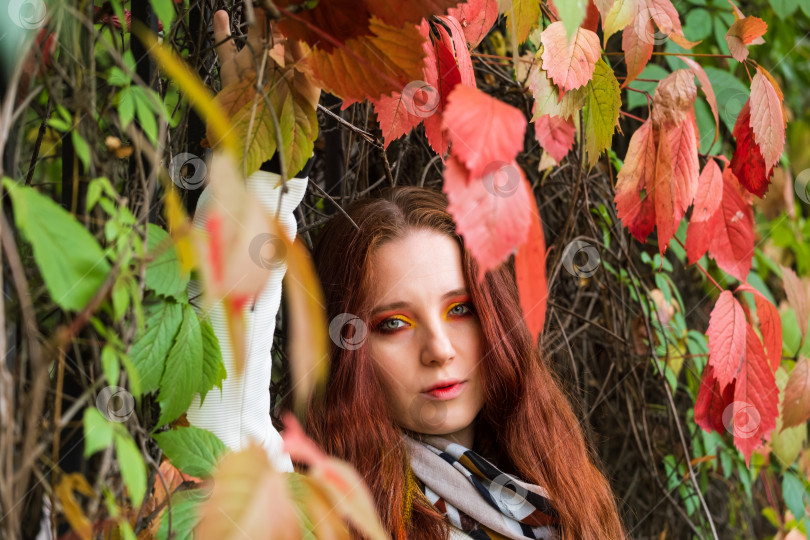 Скачать женщина с рыжими волосами и ярким макияжем возле осенних листьев живой изгороди фотосток Ozero