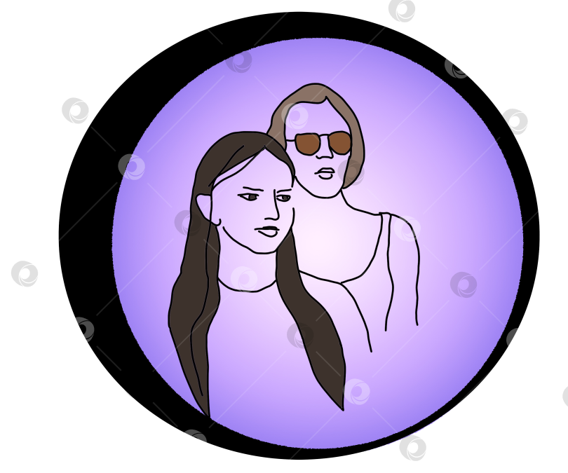 Скачать Стилизованный линейный портрет двух серьезных молодых женщин. Цифровое изображение в однолинейном художественном стиле с фоном в фиолетовом градиенте. Очаровательные выразительные женские лица в овальной рамке. Современный дизайн. фотосток Ozero