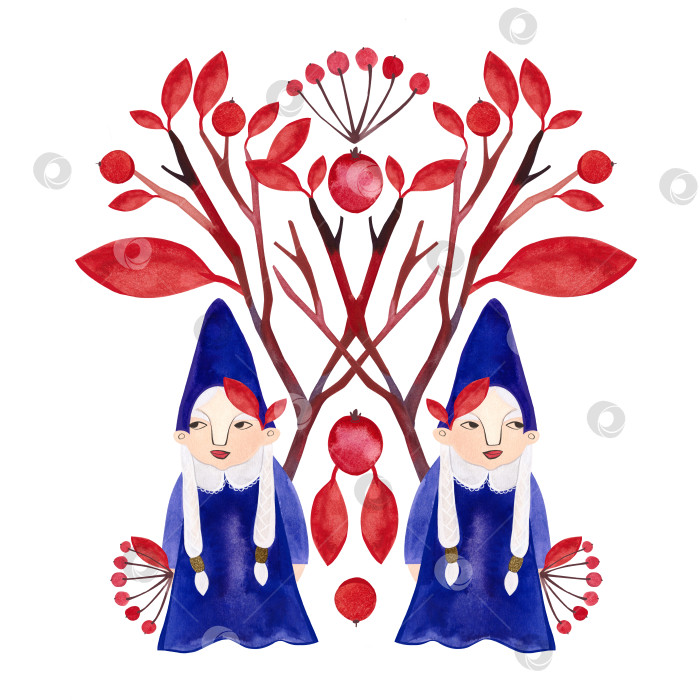 Скачать Женщины-гномы в осеннем лесу, украшенные красными листьями, ягодами и ветками. Симметричная изолированная иллюстрация, нарисованная акварелью от руки на белом фоне. фотосток Ozero