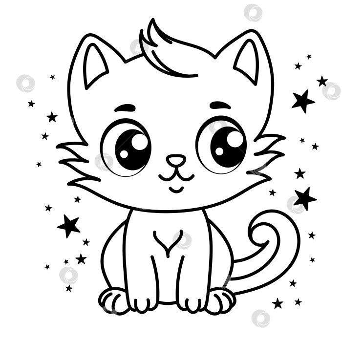 Скачать Раскраска с милым котом для детей. Мультяшная иллюстрация пушистого кота. фотосток Ozero