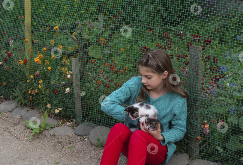 Скачать Милая девочка играет с маленькими котятами. Девочка-подросток нежно обнимает двух котят, сидящих возле цветочной клумбы фотосток Ozero
