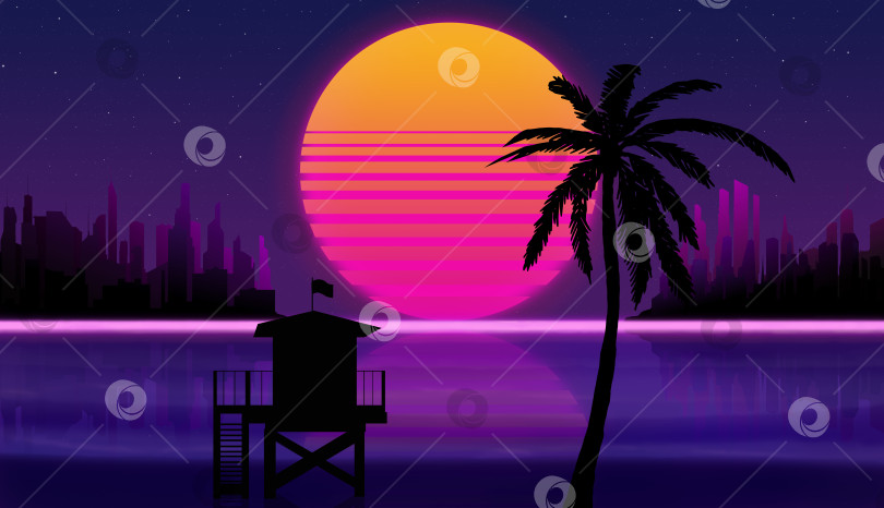 Скачать фантастический закат на пляже с пальмой и домиком спасателя на фоне звездного неба и города с небоскребами на горизонте фотосток Ozero
