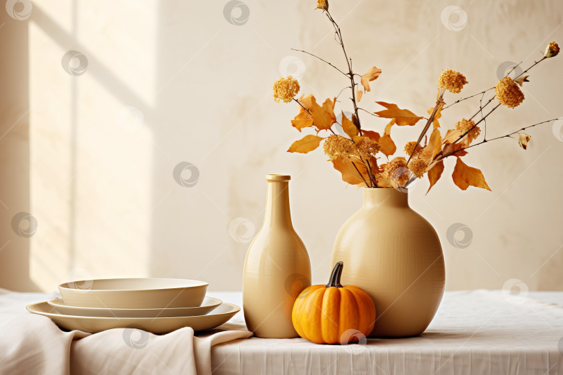 Скачать Осенняя сервировка стола с тыквами и цветами для празднования Дня благодарения. Иллюстрация генеративного искусственного интеллекта фотосток Ozero