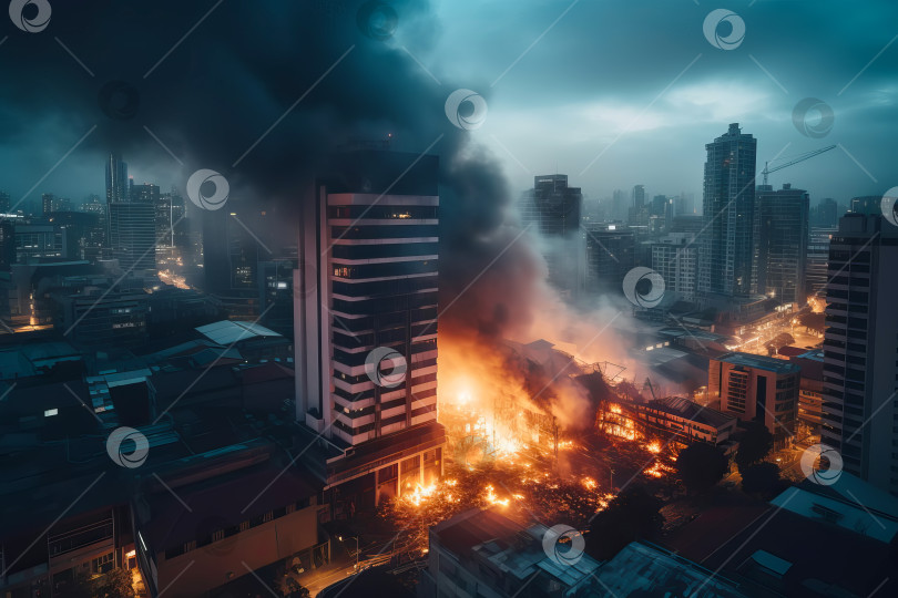 Скачать Большой пожар в городе. Горящие здания с огнем и дымом. Иллюстрация генеративного искусственного интеллекта фотосток Ozero