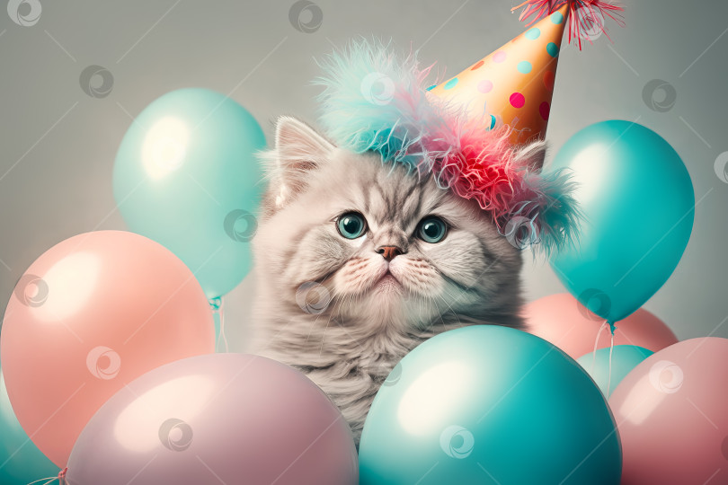 Скачать Милый пушистый кот празднует день рождения в шапочке на фоне праздничных воздушных шаров. Иллюстрация генеративного искусственного интеллекта фотосток Ozero