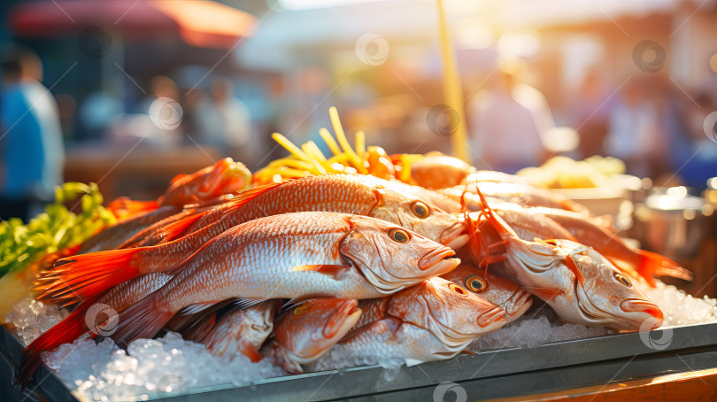 Скачать Местный рынок со свежими фермерскими продуктами. Морская рыба и морепродукты крупным планом на уличном прилавке. Иллюстрация генеративного искусственного интеллекта фотосток Ozero