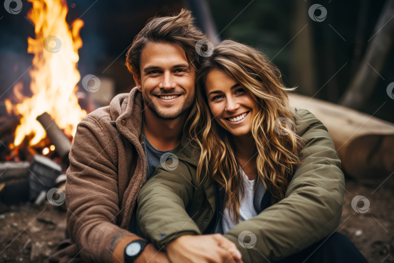 Скачать Молодая счастливая пара сидит и обнимается у костра в лесу. Иллюстрация генеративного искусственного интеллекта фотосток Ozero