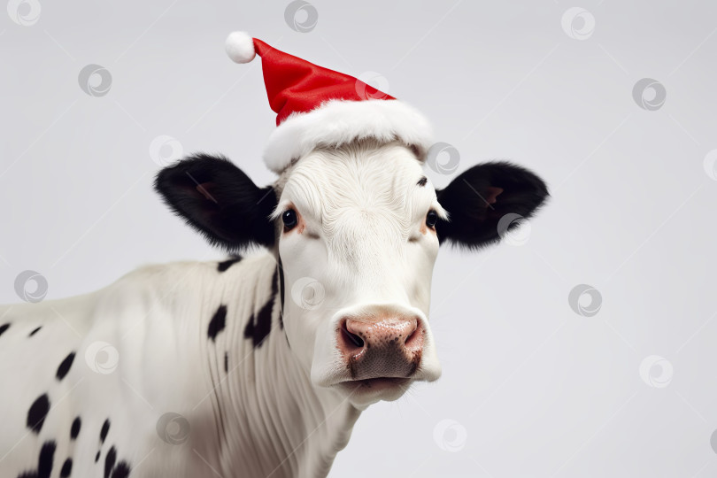 Скачать Симпатичная корова в шляпе Санты на белом фоне. Концепция счастливого Рождества. Порождающий искусственный интеллект фотосток Ozero