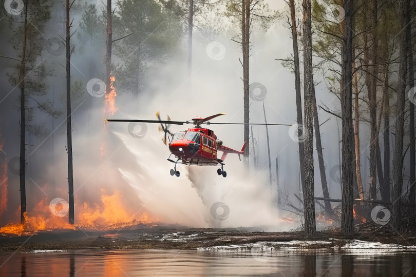 Скачать Вертолет пожарных тушит лесной пожар. Иллюстрация генеративного искусственного интеллекта фотосток Ozero