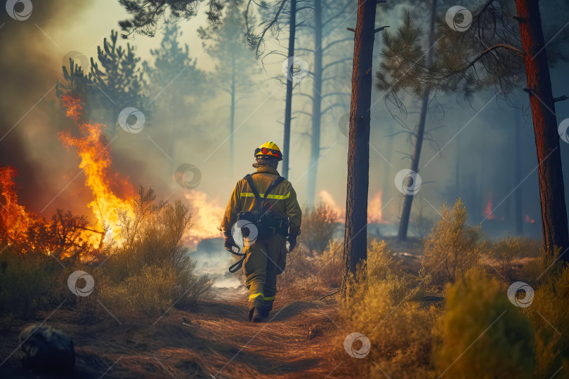 Скачать Безликий пожарный идет по пылающему лесу. Иллюстрация генеративного искусственного интеллекта фотосток Ozero