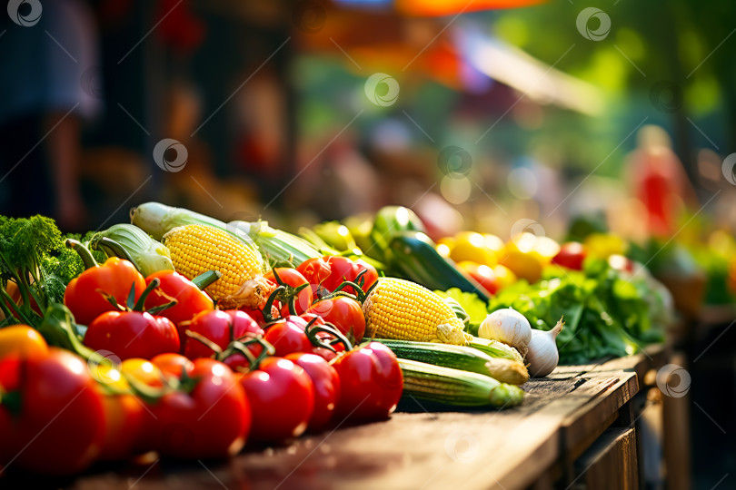 Скачать Местный рынок со свежими фермерскими продуктами. Овощи и зелень крупным планом на уличном прилавке. Иллюстрация генеративного искусственного интеллекта фотосток Ozero