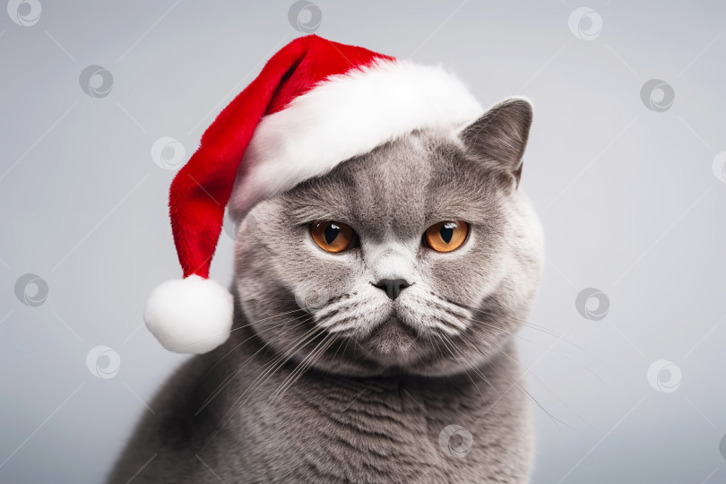 Скачать Симпатичный серый кот в шляпе Санты на белом фоне. Концепция счастливого Рождества. Порождающий искусственный интеллект фотосток Ozero