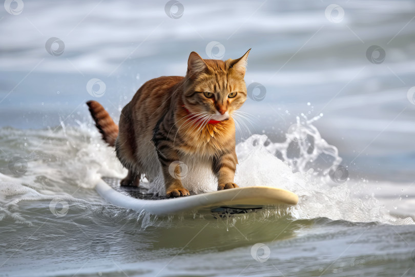 Скачать Забавный кот катается на доске для серфинга по океанским волнам. Летние каникулы. Иллюстрация генеративного искусственного интеллекта фотосток Ozero