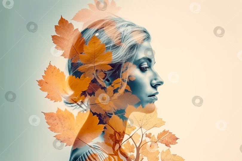 Скачать Двойная экспозиция из женской и оранжевой осенней листвы. Иллюстрация генеративного искусственного интеллекта фотосток Ozero