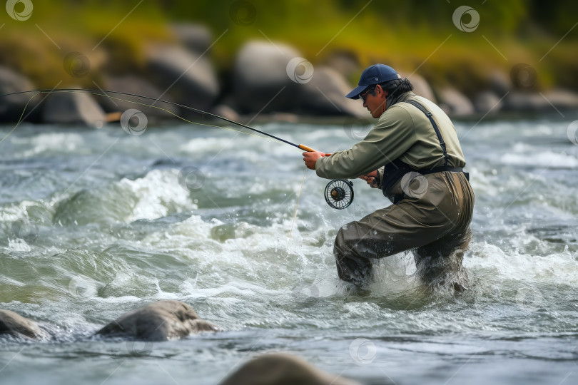 Скачать Рыбак ловит форель на спиннинг в быстрой горной реке. Иллюстрация генеративного искусственного интеллекта фотосток Ozero