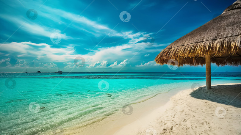 Скачать Песчаный пляж с видом на бирюзовый океан. Иллюстрация генеративного искусственного интеллекта фотосток Ozero