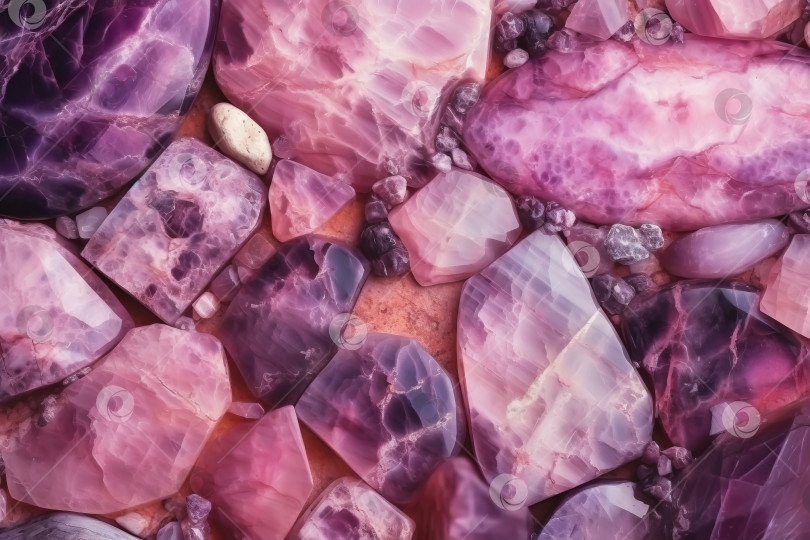Скачать Фантастические розово-фиолетовые драгоценные камни и минералы. Роскошный сиреневый мраморный фон. Иллюстрация генеративного искусственного интеллекта фотосток Ozero