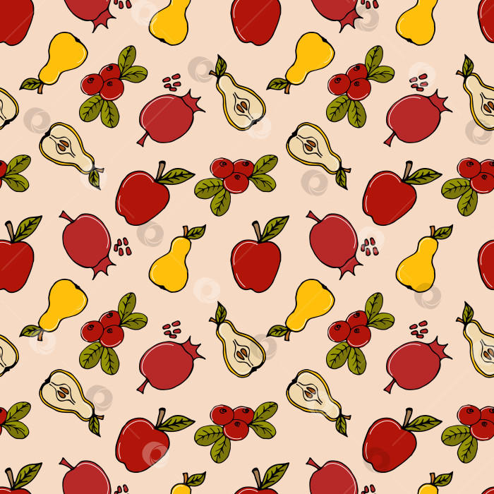 Скачать узор из яблок, груш, гранатов и клюквы на светло-розовом фоне фотосток Ozero