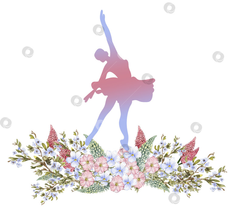 Скачать Композиция танцующей балерины с цветами. Нарисованное от руки классическое балетное представление, поза. Иллюстрация молодой симпатичной женщины-балерины. Можно использовать для изготовления открыток и плакатов. фотосток Ozero