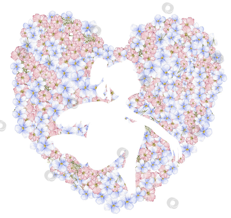 Скачать Композиция танцующей балерины в цветочном сердце. Нарисованное от руки классическое балетное представление, поза. Иллюстрация молодой симпатичной женщины-балерины. Можно использовать для изготовления открыток и плакатов. фотосток Ozero