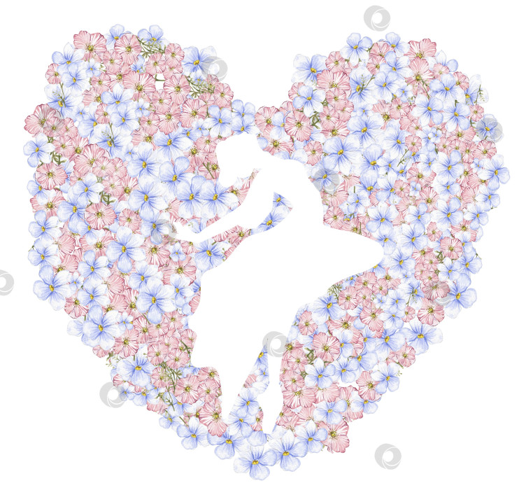 Скачать Композиция с танцующей балериной в цветочном сердце. Нарисованное от руки классическое балетное представление, поза. Иллюстрация молодой симпатичной женщины-балерины. Можно использовать для изготовления открыток и плакатов. фотосток Ozero