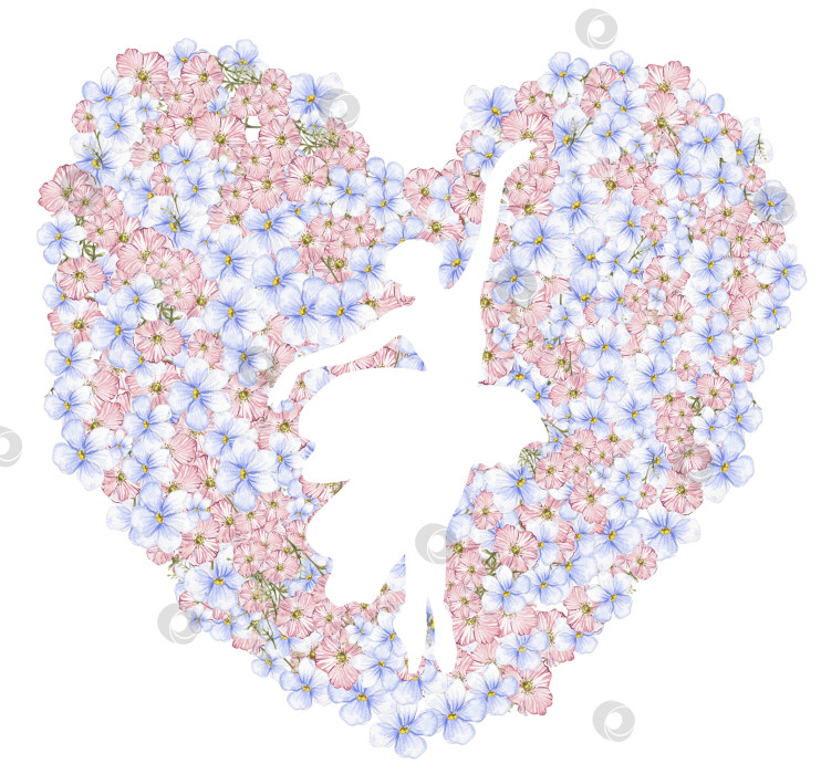 Скачать Композиция танцующей балерины в цветочном сердце. Нарисованное от руки классическое балетное представление, поза. Иллюстрация молодой симпатичной женщины-балерины. Можно использовать для изготовления открыток и плакатов. фотосток Ozero
