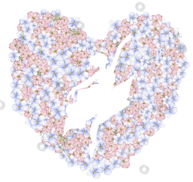 Скачать Композиция танцующей балерины в цветочном сердце. Нарисованное от руки классическое балетное представление, поза. Иллюстрация молодой симпатичной женщины-балерины. Можно использовать для изготовления открыток и плакатов. фотосток Ozero