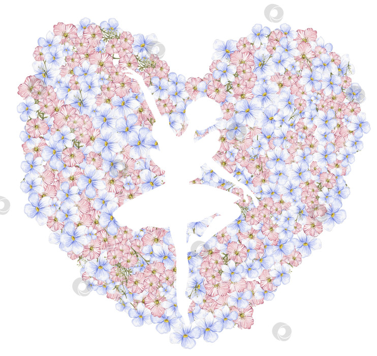 Скачать Композиция с танцующей балериной в цветочном сердце. Нарисованное от руки классическое балетное представление, поза. Иллюстрация молодой симпатичной женщины-балерины. Можно использовать для изготовления открыток и плакатов. фотосток Ozero