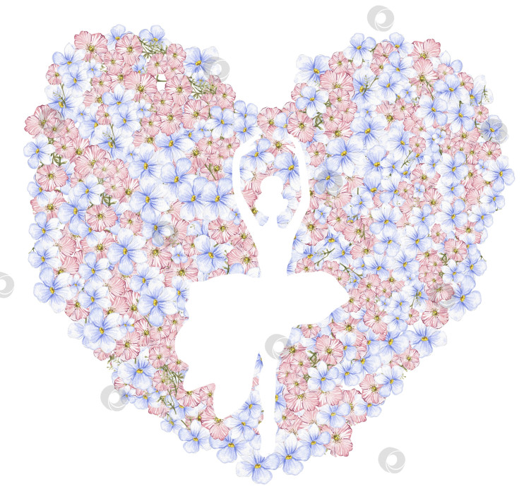 Скачать Композиция с танцующей балериной в цветочном сердце. Нарисованное от руки классическое балетное представление, поза. Иллюстрация молодой симпатичной женщины-балерины. Можно использовать для изготовления открыток и плакатов. фотосток Ozero