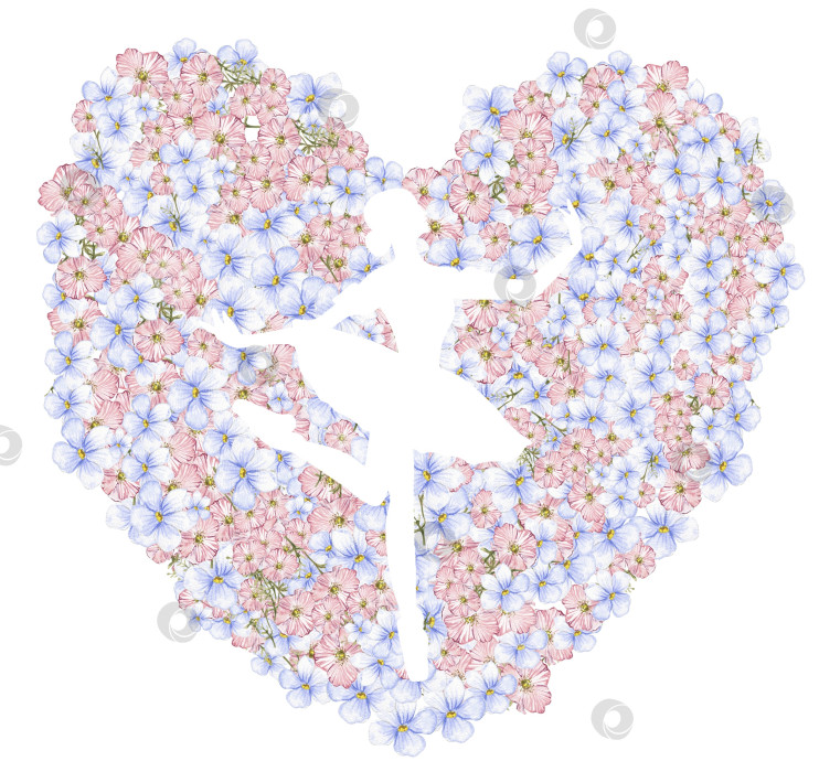 Скачать Композиция танцующей балерины в цветочном сердце. Нарисованное от руки классическое балетное представление, поза. Иллюстрация молодой симпатичной женщины-балерины. Можно использовать для изготовления открыток и плакатов. фотосток Ozero