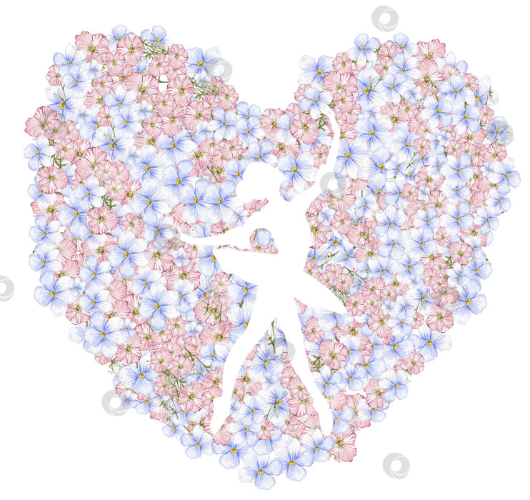 Скачать Композиция с танцующей балериной в цветочном сердце. Нарисованное от руки классическое балетное представление, поза. Иллюстрация молодой симпатичной женщины-балерины. Можно использовать для изготовления открыток и плакатов. фотосток Ozero