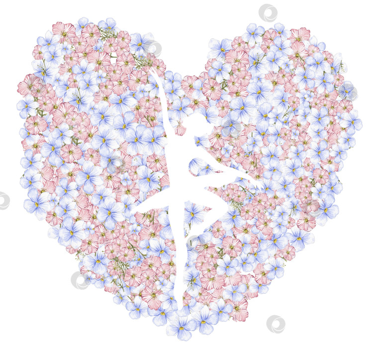 Скачать Композиция танцующей балерины в цветочном сердце. Нарисованное от руки классическое балетное представление, поза. Иллюстрация молодой симпатичной женщины-балерины. Можно использовать для изготовления открыток и плакатов. фотосток Ozero