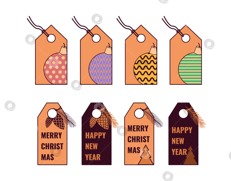 Скачать Набор картонных рождественских бирок для подарков. Пустые бланки с елочными украшениями и сосновыми шишками для сладких пожеланий, имен или цен на рождественской ярмарке. фотосток Ozero