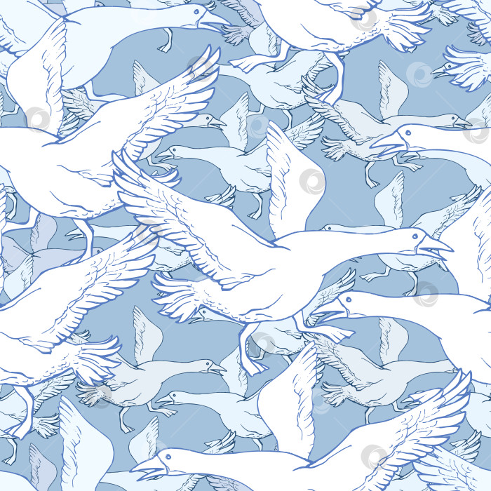 Скачать Бесшовная векторная текстура с белыми птицами. Старинные гуси, нарисованные от руки на светло-голубом фоне фотосток Ozero