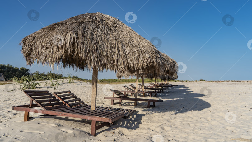 Скачать На песчаном пляже стоит ряд деревянных шезлонгов фотосток Ozero