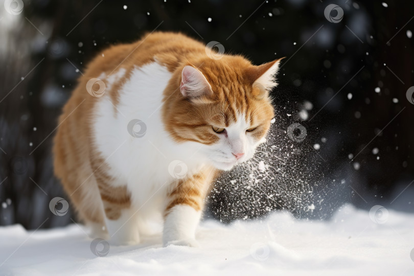 Скачать Кошка, сбитая снежком. Милый котенок с удивленным и сердитым личиком, попавший под снег во время снежной драки. Сгенерированный искусственный интеллект. фотосток Ozero