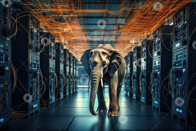 Скачать Слон в серверной. Концепция больших данных и цифровой хрупкости. Сгенерированный искусственный интеллект. фотосток Ozero