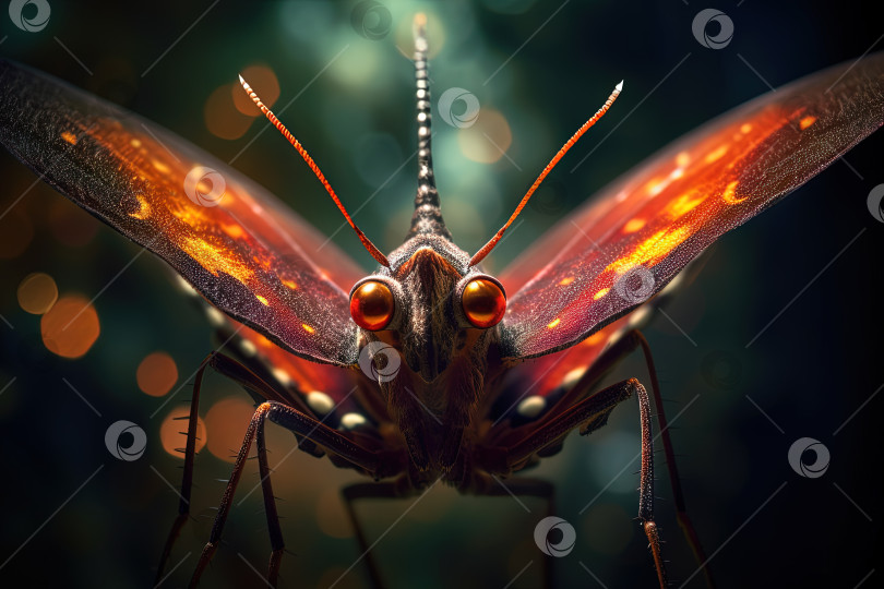 Скачать Инопланетная бабочка из космоса смотрит в камеру. Симпатичное макро-изображение инопланетного насекомого. Генеративный искусственный интеллект. фотосток Ozero