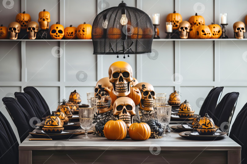 Скачать Праздничная сервировка стола с тыквами и черепами для празднования Хэллоуина. Иллюстрация генеративного искусственного интеллекта фотосток Ozero