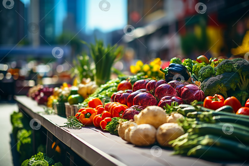 Скачать Местный рынок со свежими фермерскими продуктами. Овощи и зелень крупным планом на уличном прилавке. Иллюстрация генеративного искусственного интеллекта фотосток Ozero