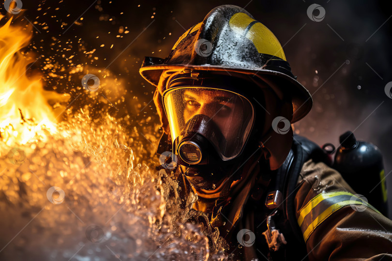 Скачать Героический пожарный работает в пламени пожара и водяных брызгах. Иллюстрация генеративного искусственного интеллекта фотосток Ozero
