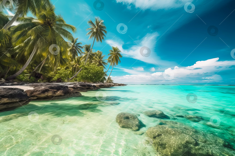 Скачать Прекрасный тропический остров в бирюзовом океане. Иллюстрация генеративного искусственного интеллекта фотосток Ozero