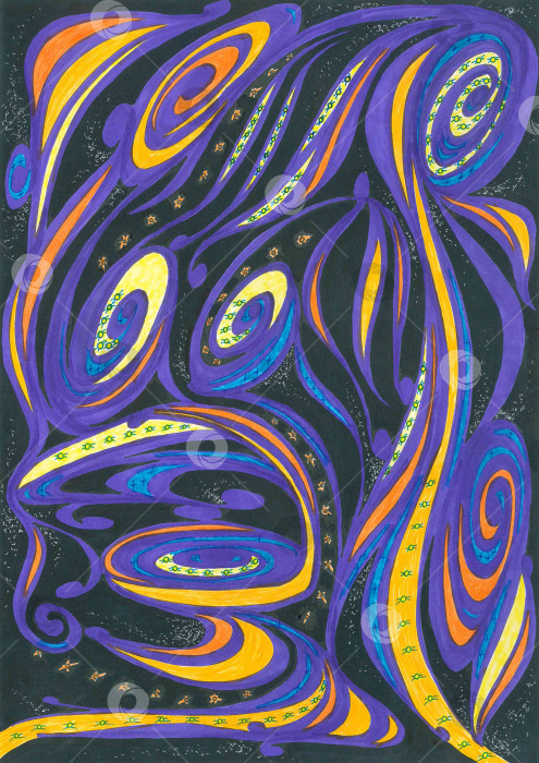 Скачать Бесшовный креативный пространственный узор. Синие, желтые и оранжевые волны, закрученные изгибы, спирали, звезды и звездная пыль на черном фоне. Графика ручной работы для текстильных и бумажных изделий по индивидуальному дизайну. фотосток Ozero
